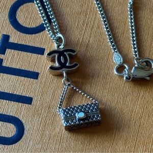 Authentic Chanel Black resin CC & Elegant  Mini Quilted Purse Pendant Necklace
